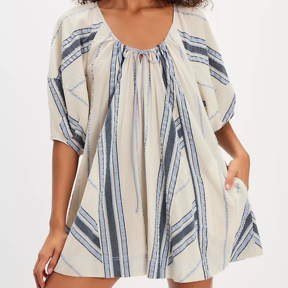 Free People Cream Tunic Romper with Blue Stripes